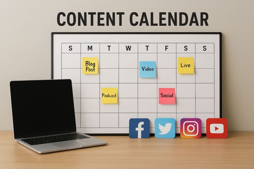 Social media content calendar planning on a laptop with sticky notes and platform icons