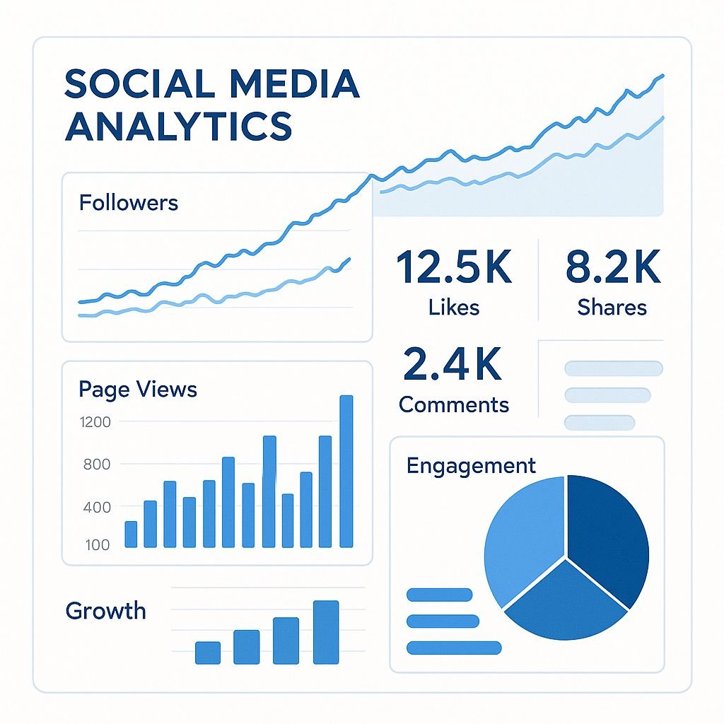Analytics dashboard displaying reach, engagement, and growth metrics for social media. 