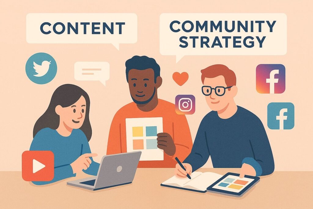 Marketing team collaborating on social media management strategy with laptops and notepads