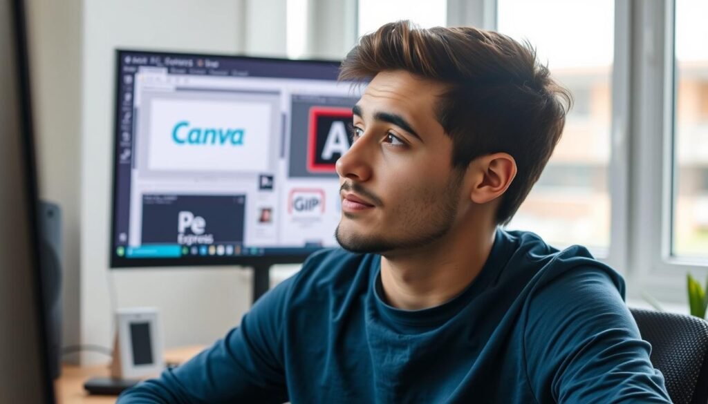 Person comparing different graphic design software interfaces on a computer