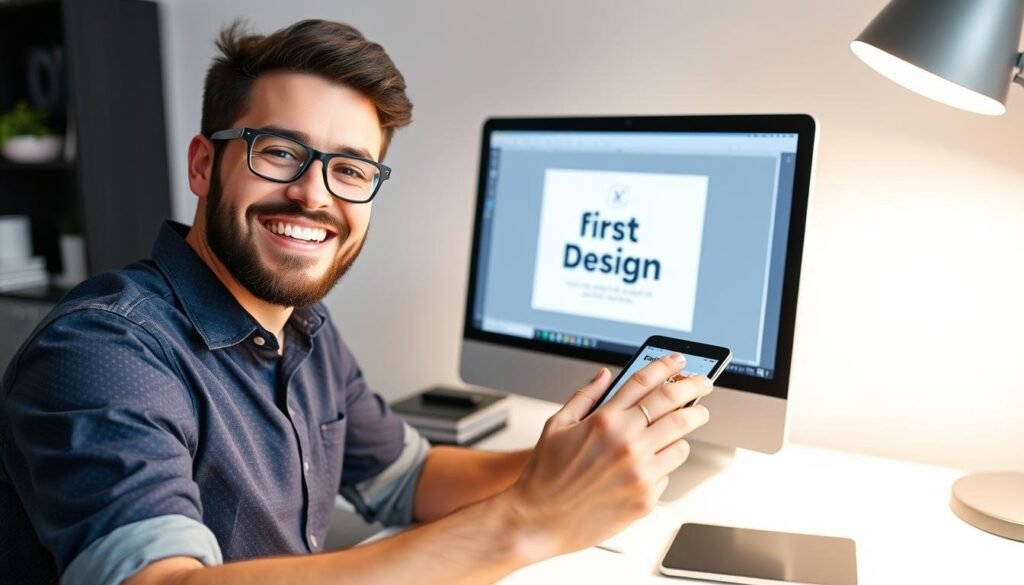 A man in front of a desktop displaying first design